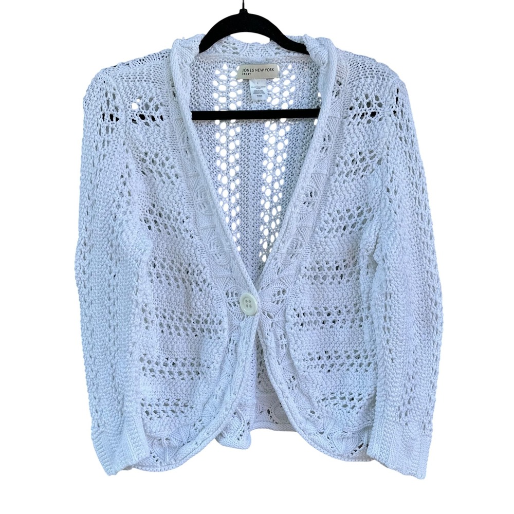 Jones‎ New York Sport Vintage Y2K White Open Knit Cotton Cardigan Sweater Large